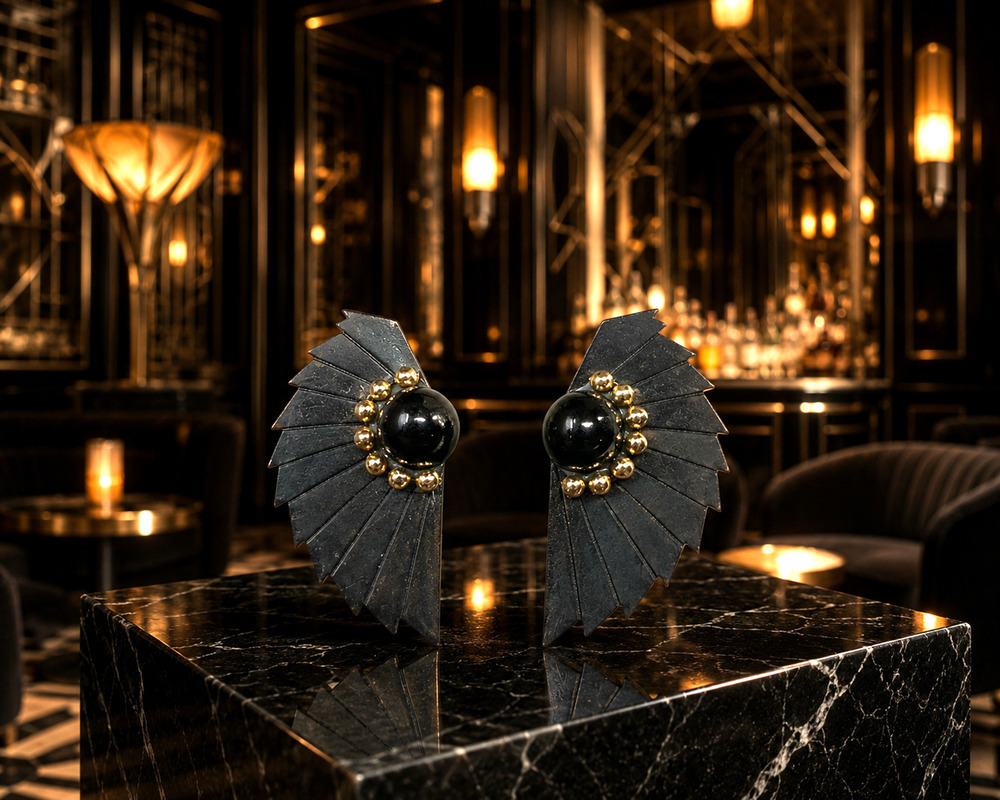 Vintage 80s Abstract Fan Earrings Black Gold Tone Statement Studs Art Deco 2"